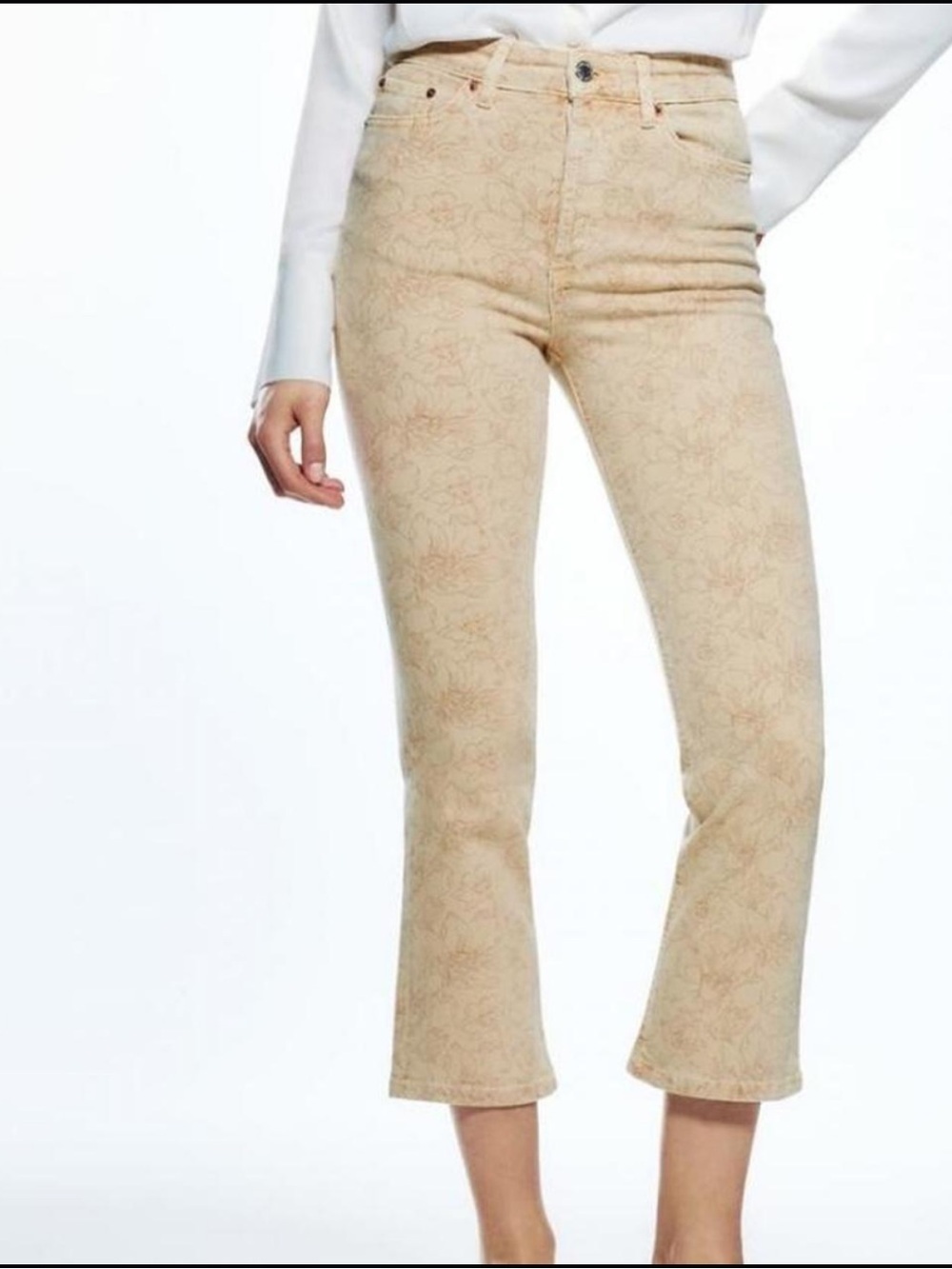 Zara Tan Floral Dreed Flare Crop Ankle Jeans 12 Cottage core Boho
